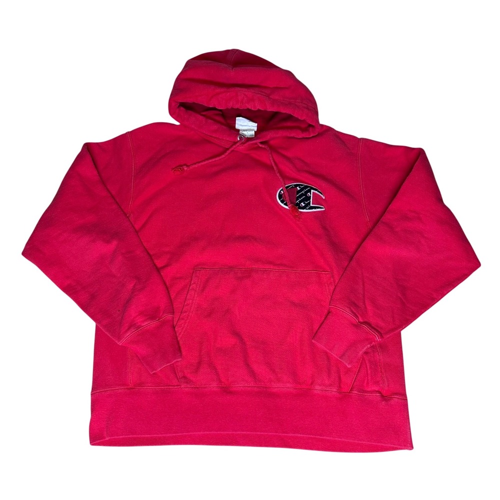 Champion Reverse Weave Red Hoodie Big Logo Men Large Pullover Sweatshirt